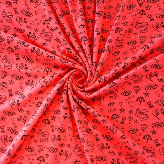 Tissu Jersey Coton imprimé Symboles Love&Live Noirs sur fond Rose fluo légèrement chiné - Par 10 cm