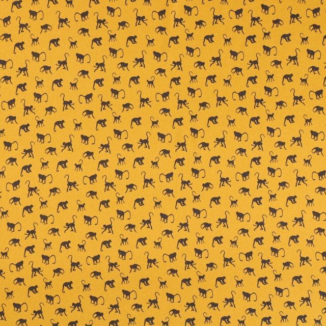 Tissu Satin imprimé Singes marron foncé sur fond Moutarde - Par 10 cm