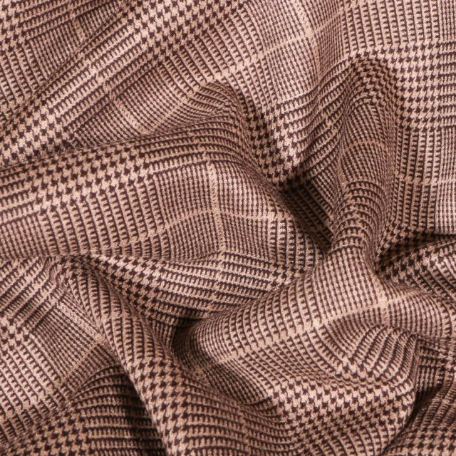 Tissu Jacquard Jersey carreaux écossais sur fond Beige - Par 10 cm