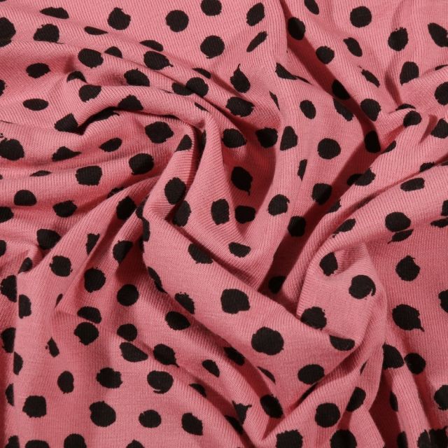 Tissu Jersey Coton Bio Pois déstructurés noirs sur fond Rose - Par 10 cm