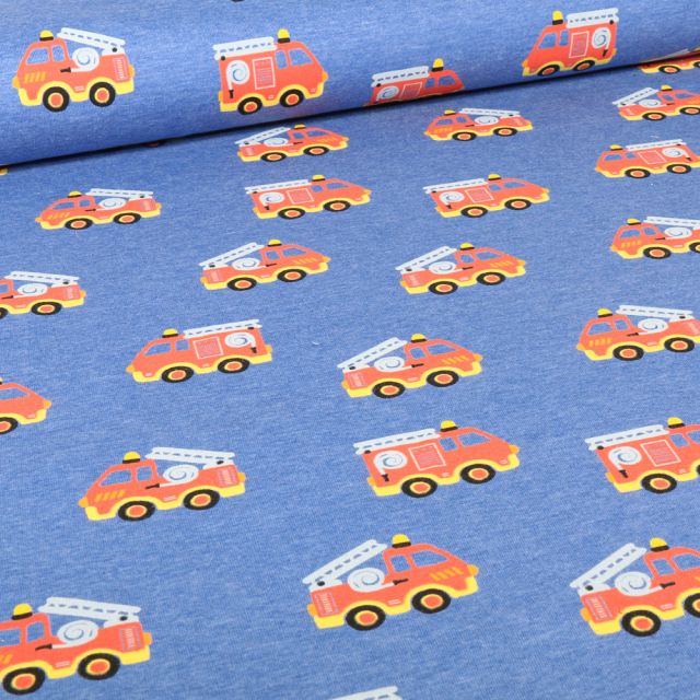 Tissu Jersey Polycoton Camions de pompiers sur fond Bleu