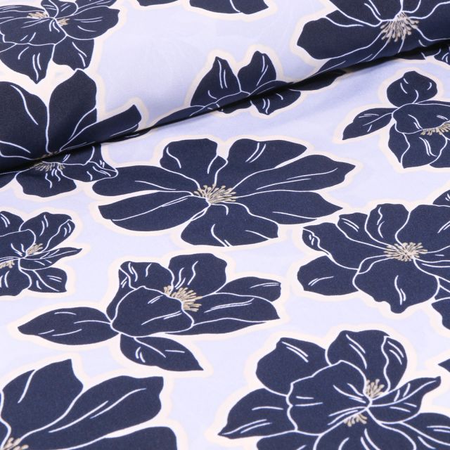 Tissu Crêpe imprimé Grandes fleurs bleu sur fond Blanc