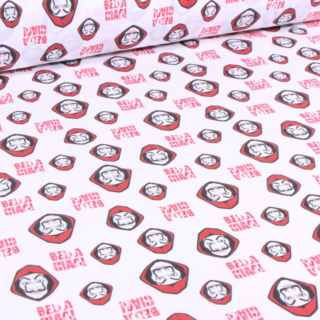 Tissu Coton imprimé sous licence Casa de papel rouge sur fond Blanc
