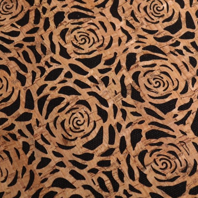 Tissu Liège monté sur jeans Fleurs sur fond Noir - Par 10 cm