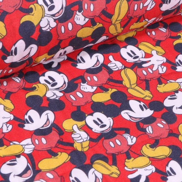 Tissu Coton imprimé sous licence Bio Mickey Good sur fond Rouge - Par 10 cm