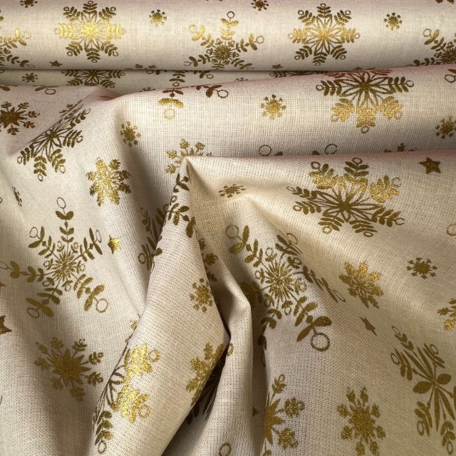 Tissu Coton imprimé Bio Flocons dorés sur fond Ecru - Par 10 cm