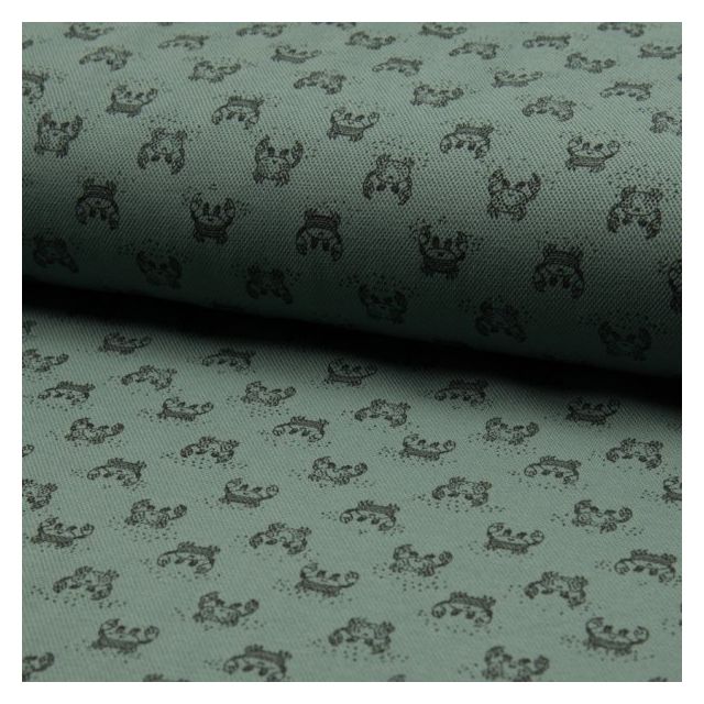 Tissu Jersey Piqué de coton spécial Polo Crabes Noir sur fond Vert kaki - Par 10 cm