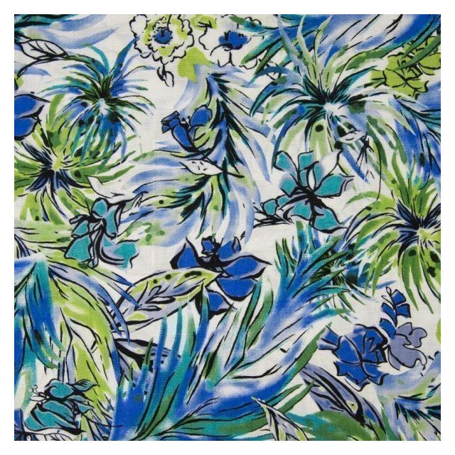 Tissu Viscose toucher crêpe Aquarelle fleuris bleue et verte sur fond Blanc - Par 10 cm