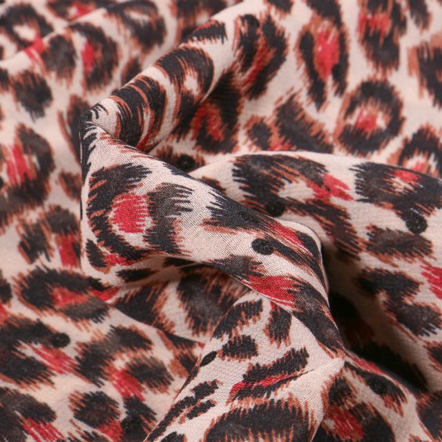 Tissu Mousseline Tâches léopard rouge sur fond Beige