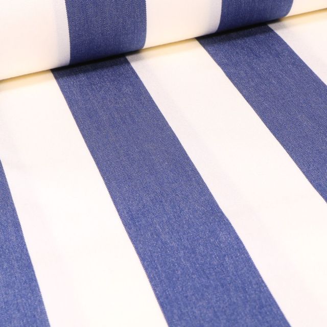 Tissu Toile Transat Rayures bleues sur fond Blanc - Par 10 cm