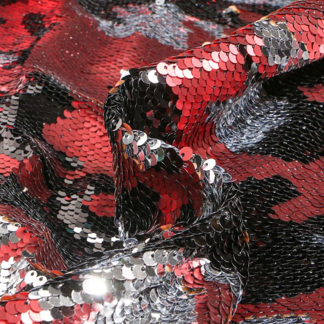 Tissu Sequins réversible  Camouflages sur fond Rouge