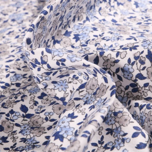 Tissu Coton imprimé Arty Léonie bleu et gris sur fond Blanc - Par 10 cm