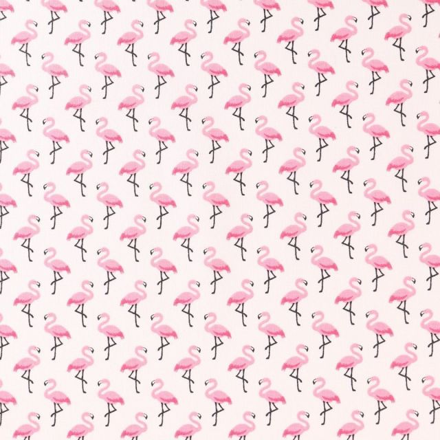 Tissu Coton Imprimé Arty Flamingo Rose sur fond Ecru - Par 10 cm
