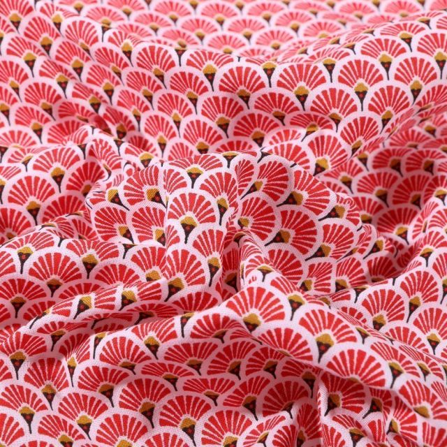 Tissu Coton imprimé  Arty Eventails rouges Vif  - Par 10 cm