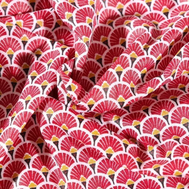 Tissu Coton enduit Arty Éventails rouge foncé sur fond Blanc - Par 10 cm