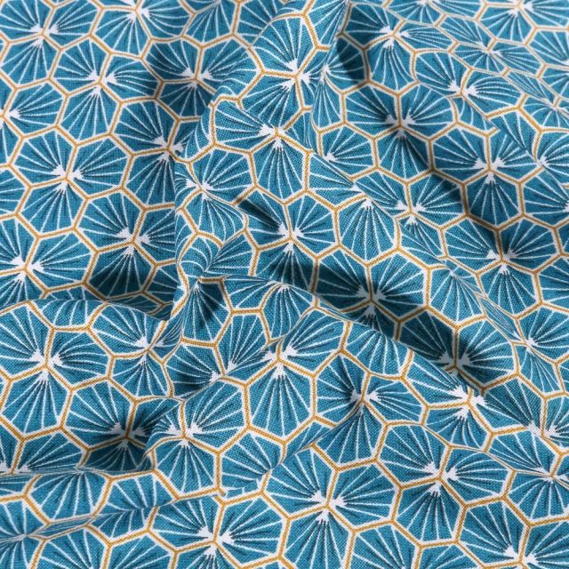 Tissu Coton imprimé Arty Riad sur fond Bleu pétrole - Par 10 cm