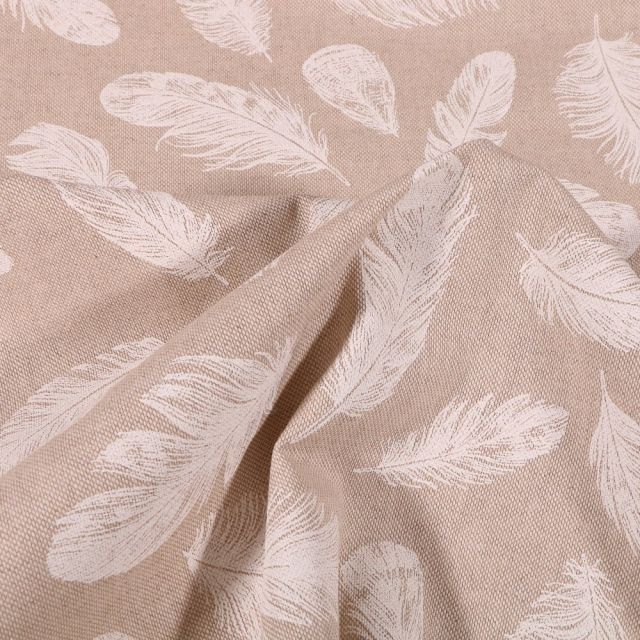 Tissu Toile Coton Plumes blanches sur fond Naturel - Par 10 cm