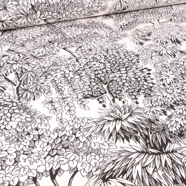 Tissu Toile de Coton Végétations Black & White sur fond Blanc