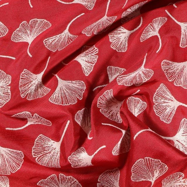 Tissu Toile jacquard reversible lurex Ginkgo sur fond Rouge - Par 10 cm