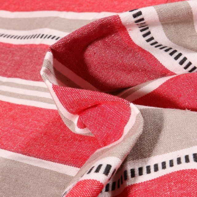 Tissu Toile Coton aspect lin Rayures grises sur fond Rouge - Par 10 cm