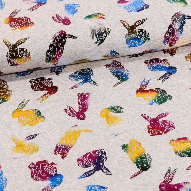 Tissu Jersey Coton métallisé Lapins Multicolores sur fond Gris chiné - Par 10 cm