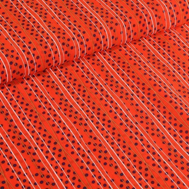 Tissu Mousseline Rayures et pois noir sur fond Orange - Par 10 cm