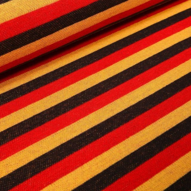 Tissu Jersey Jacquard Rayures noires et rouges sur fond Jaune - Par 10 cm