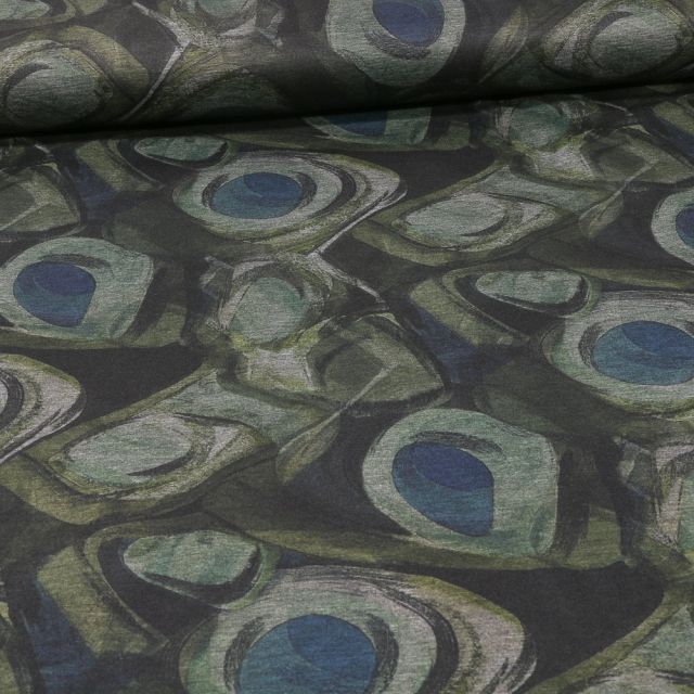 Tissu Jersey Milano Motifs abstraits verts et bleus sur fond Gris - Par 10 cm