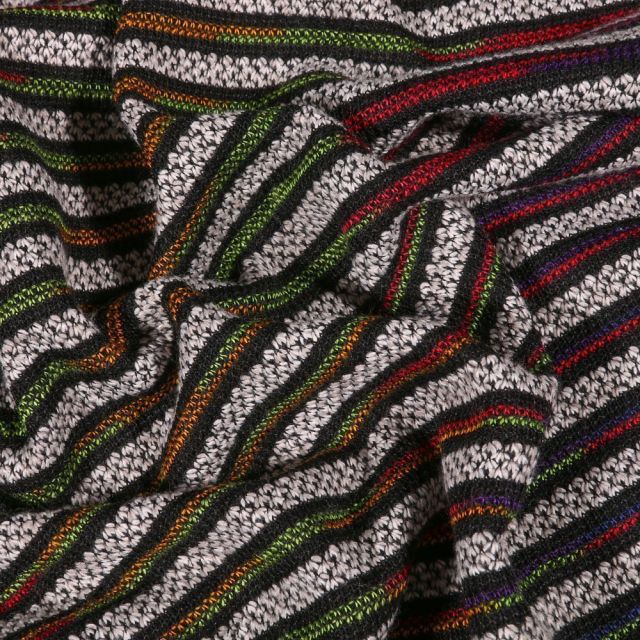 Tissu Maille épaisse Rayures colorées sur fond Noir - Par 10 cm