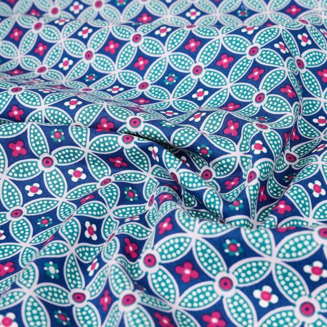 Tissu Coton imprimé Rosaces de fleurs sur fond Bleu foncé