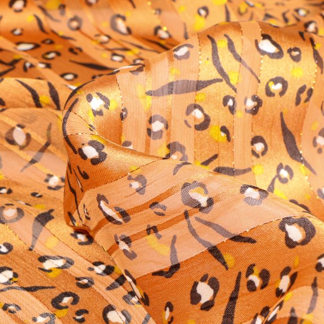 Tissu Satin Taches léopard et rayures transparentes sur fond Jaune