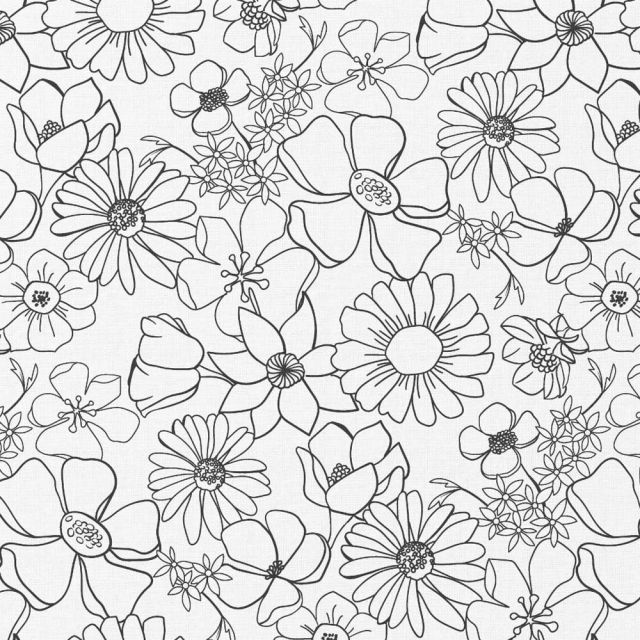 Tissu Coton à colorier Arty Lyco fleuris sur fond Blanc