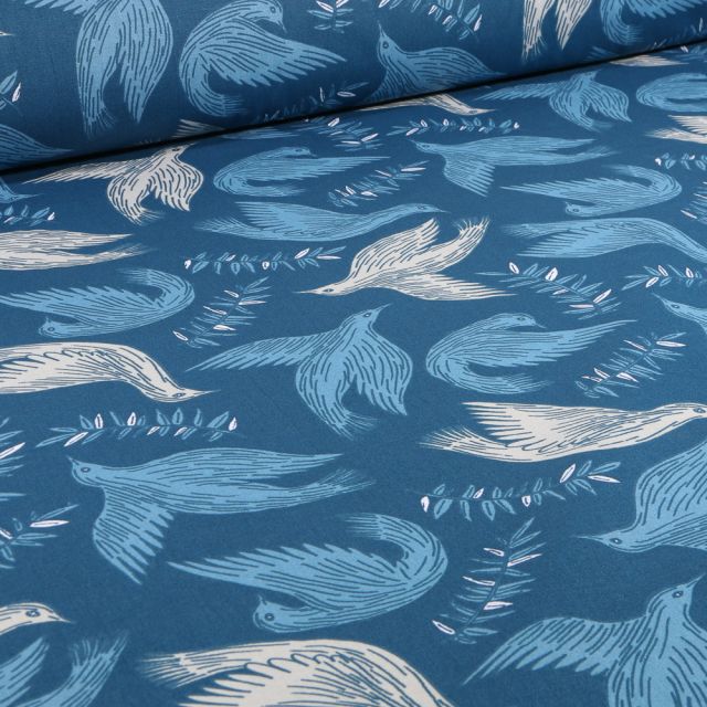 Tissu Coton imprimé Arty Oiseaux sur fond Bleu