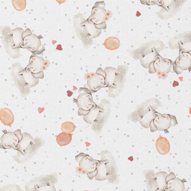 Tissu Coton digital LittleBird Eléphants et ballons sur fond Blanc