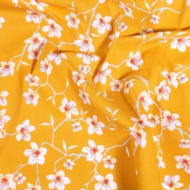 Tissu Coton imprimé Arty Fleur d'amandier sur fond Jaune - Par 10 cm
