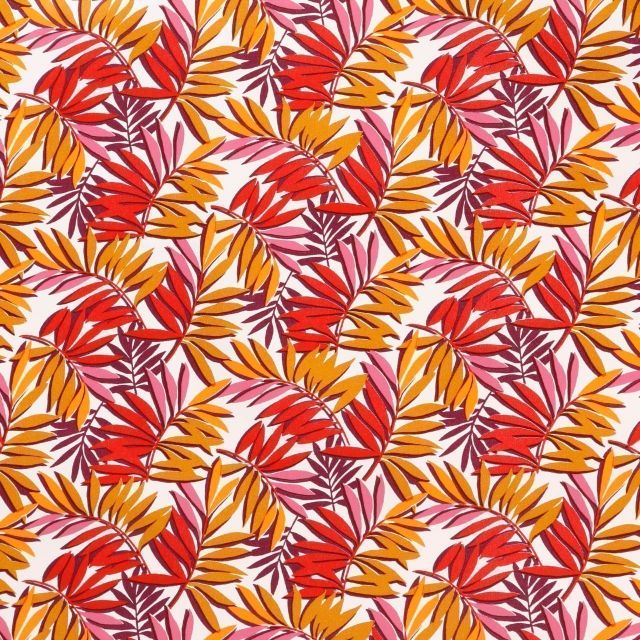 Toile Cirée Curacao Feuilles moutarde, roses, rouges et prune sur fond Blanc - Par 10 cm