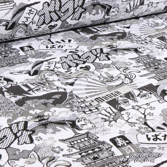 Tissu Jacquard Manga noir et blanc sur fond Blanc