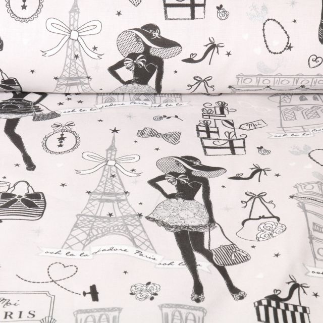 Tissu Coton imprimé Arty Moi Paris Noir et argent sur fond Ecru