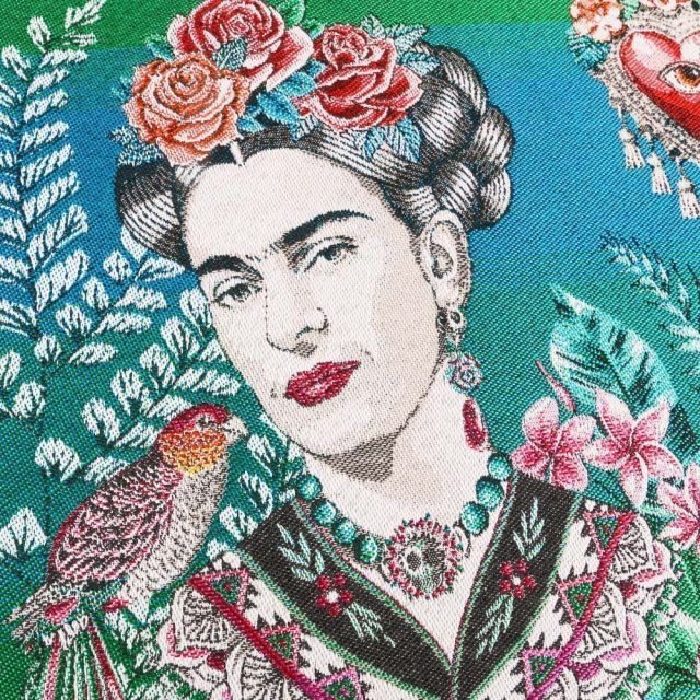 Panneau carré jacquard 48x48cm Frida Kahlo fleuris sur fond Bleu