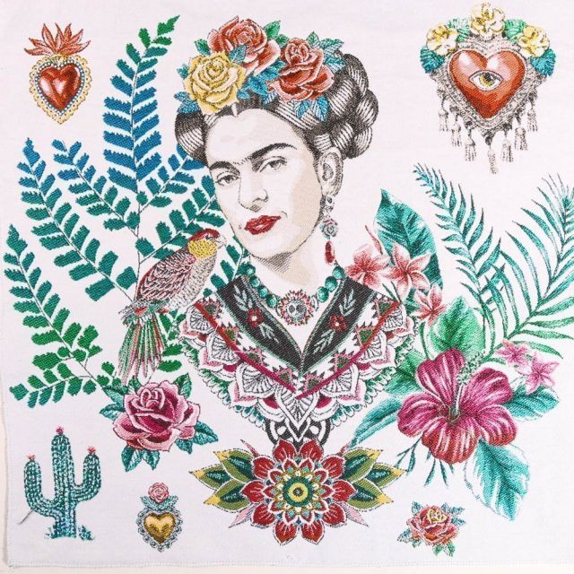 Panneau carré jacquard 48x48cm Frida Kahlo fleuris sur fond Blanc