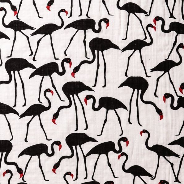 Tissu Coton Viscose Flamants Roses Noirs Et Rouges Sur Fond Blanc Par 10 Cm