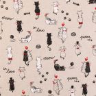 Tissu Toile Coton Aspect Lin Chats amoureux noirs, blancs et rouges sur fond Beige - Par 10 cm