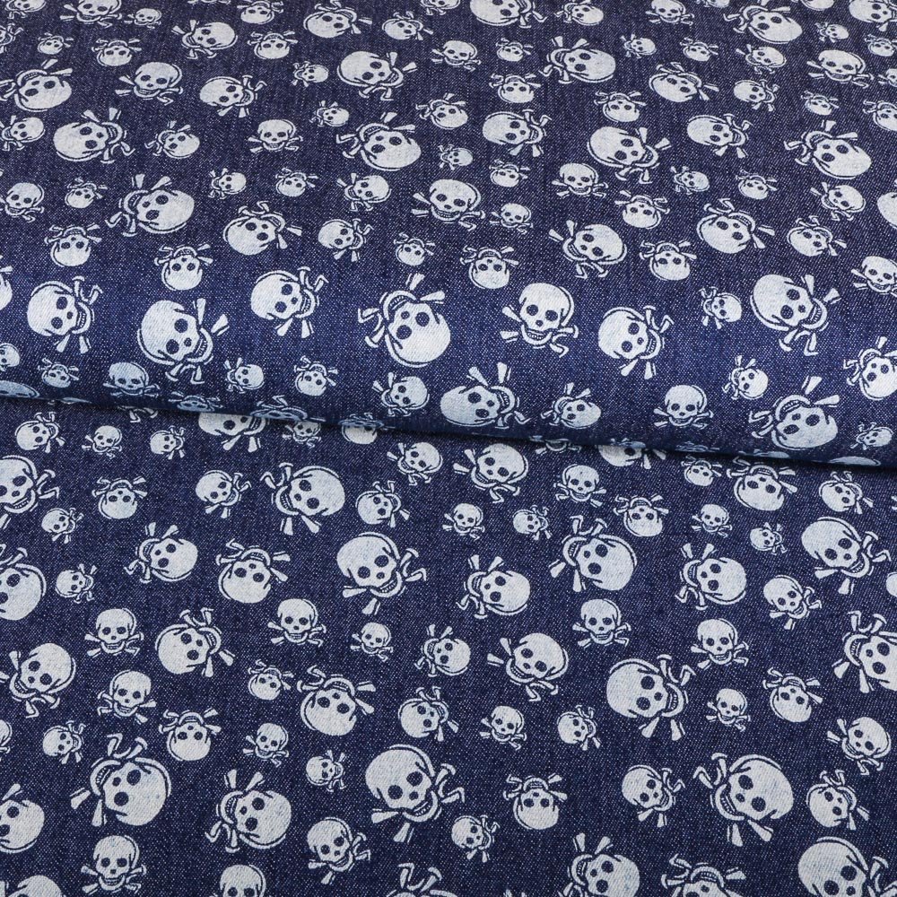 Tissu Chambray Skull Blancs sur fond Bleu jean fonce