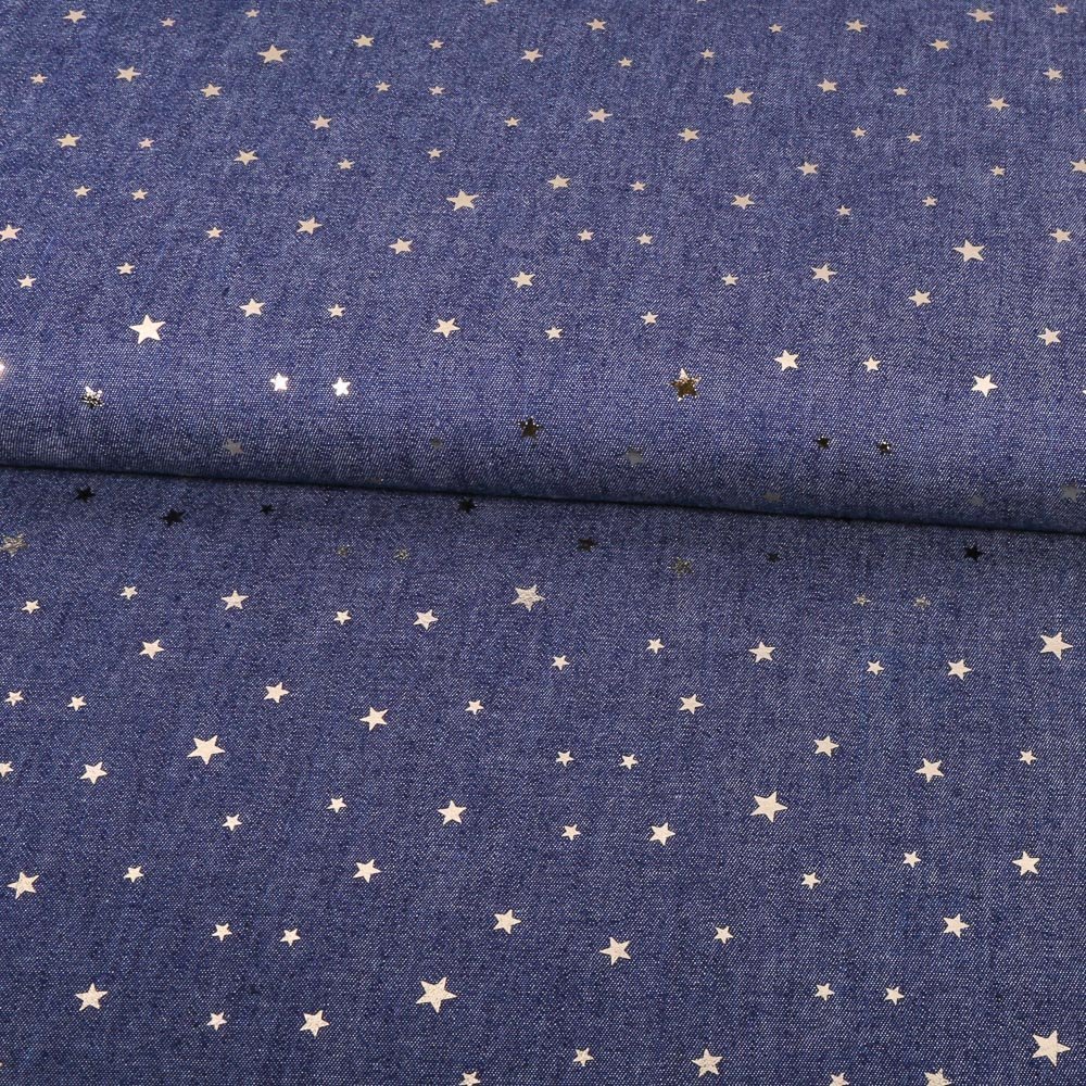 Tissu Chambray Petites etoiles Or sur fond Bleu jean fonce
